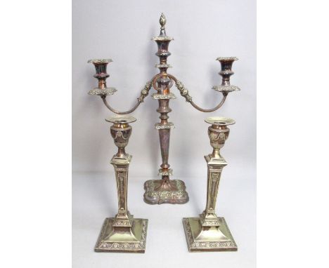 PAIR OF EDWARDIAN SILVER PLATED ADAM STYLE CANDLESTICKS BY HENRY EYRE &amp; Co. (H: 28.5cm), THREE LIGHT CANDELABRUM (H: 51cm