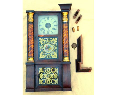 LATE 19th CENTURY AMERICAN SETH THOMAS WALL CLOCK WITH AN EIGHT DAY STRIKING MOVEMENT, IN A WOOD CASE FLANKED BY SIMULATED MA