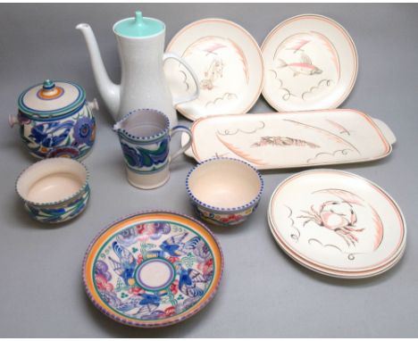 FIVE ITEMS OF POOLE POTTERY STAMPED CARTER, STABLER, ADAMS, A PART SET OF SIX POOLE SEA CREATURE DESIGN PLATES AND TRAY AND A