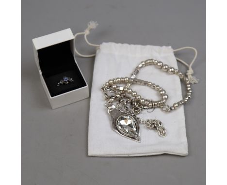 Silver opal pearl and marcasite ring together with a white metal necklace by Treaty 