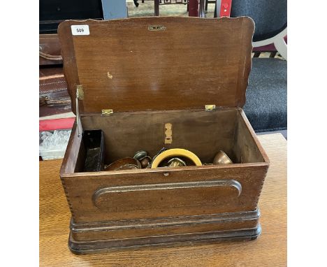 Old sewing box containing metalware to include candlesticks etc 