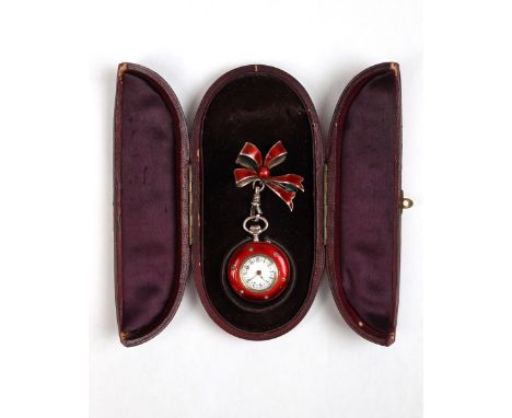 Antique 19thC red guilloche enamel and silver ladies fob watch hung on silver and red guilloche enamel brooch, with Austrian 