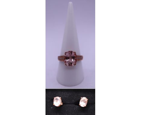 9ct rose gold stone set ring and earring set - Size R 