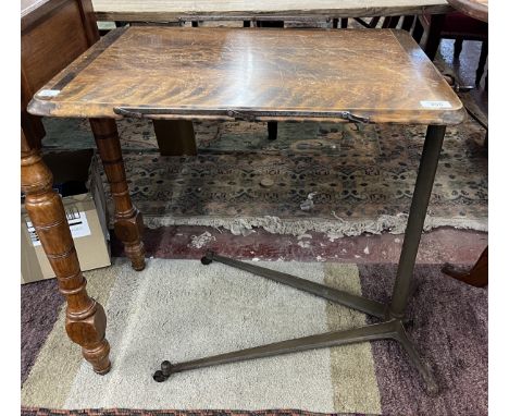 Vintage oak adjustable over-bed nursing breakfast table, with cast iron stand and brass castors