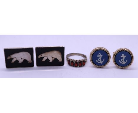 Danish silver polar bear cufflinks together with Wedgwood Anchor cufflinks and a silver stone set ring 