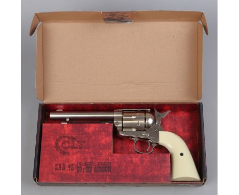Umarex. Colt Single Action Army 45 CO2 BB Airgun No 15D72485, nickel body with pearl grip, plus box with instructions.
