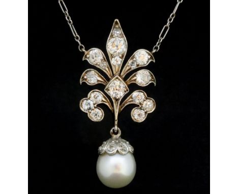 An Edwardian yellow and white gold pendant set diamonds with pearl drop, on white metal chain, 80g - 3.7cm 