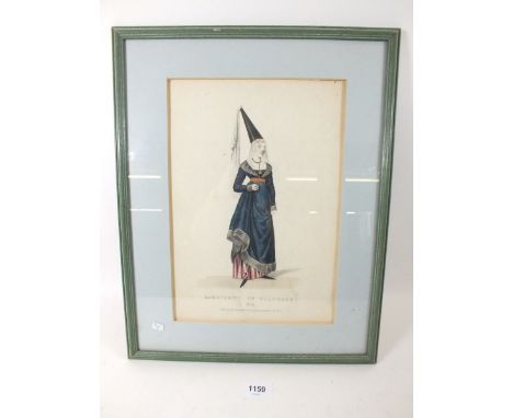 An early 19thc coloured engraving historical print of Marguerite of Flanders 1341, 32cm by 21cm