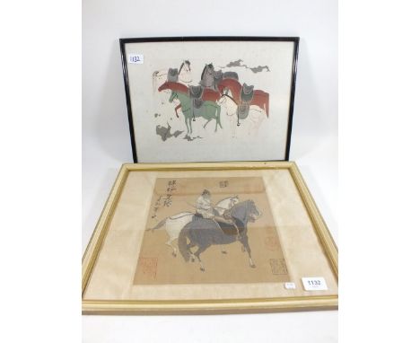 A Chinese embroidered picture of a horseman 26cm x 26cm and a print of six horses, 22 x 30cm 