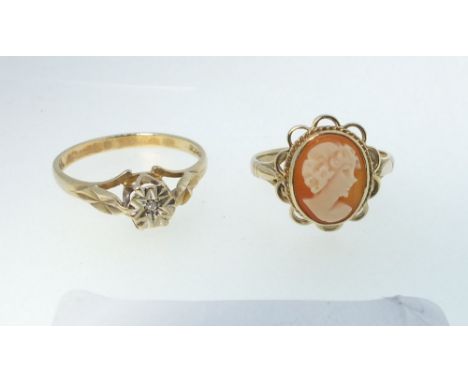 A 9 carat gold illusion set diamond chip ring, 1.8g, size M and a 9 carat gold cameo ring, size K/L, 2g 