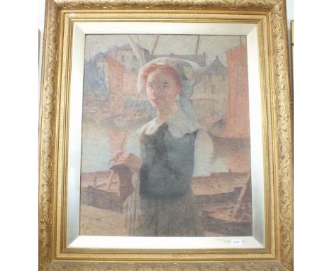 T Mary - oil on canvas - portrait of a girl in Breton hat with river and townscape, signed and dated 1907 - 80 x 63cm 