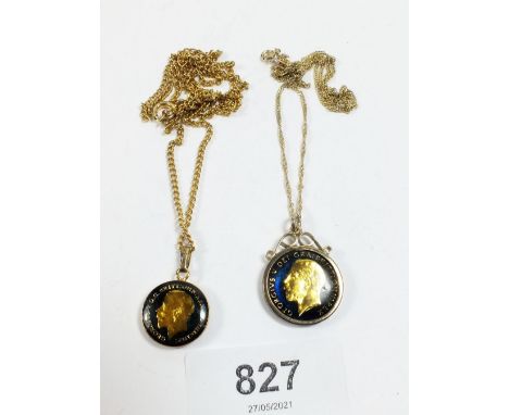 A George V enamelled six pence framed in yellow metal on a 9ct gold chain together with a George V enamelled threepence in ye