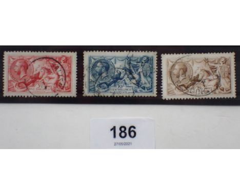 GB: Group of 3 used KGV 1918-19 Bradbury Wilkinson "Seahorses": 2/6d (SG 415a), 5/- (SG 416) &amp; 10/- (SG 417) higher value