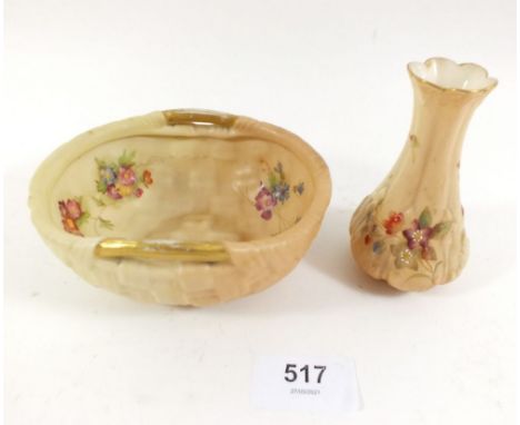 A Royal Worcester cream blush basket No 441 painted flowers, 12cm wide and a similar miniature vase No. 1074, 9cm 