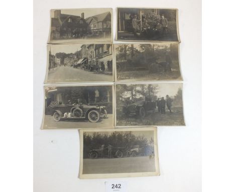 Postcards - motoring RP's of vintage car at Brickwood and Co shop, Rowlands Castle, Hants, May 1919 - some vehicle/passengers