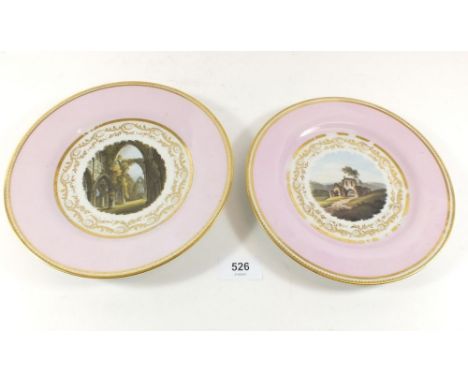 A pair of Worcester Flight Barr &amp; Barr plates painted ruins at Tintern Abbey and Kirkham Priory within pale pink borders 