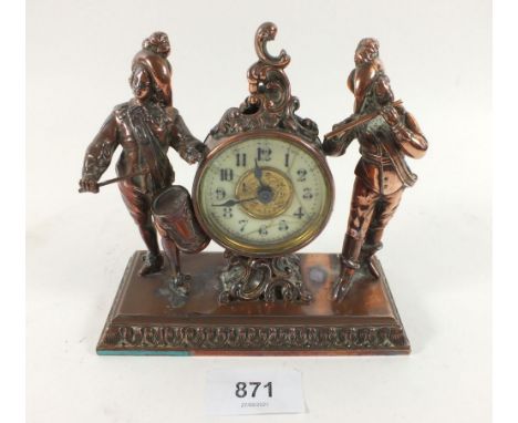 An Ansonia small copper mantel clock with drummer and fifer, dial cracked - 13cm 