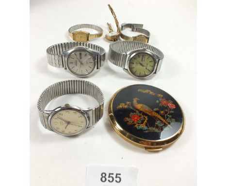 A group of various watches, a compact and a 9 carat gold ladies wrist watch 