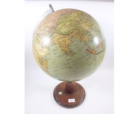 An early 20th terrestrial globe by James Wellsworth &amp; Co. on oak stepped base with inset compass, 53cm tall 