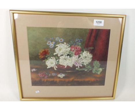 William Rickets (ex Royal Worcester artist) watercolour asters and chrysanthemums in a bowl, 22 x 30cm