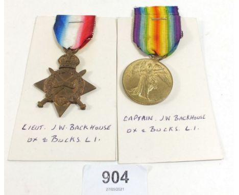 A WW1 Victory Medal and 1914-1915 Star, Capt/Lieut JW. Backhouse, Oxfordshire &amp; Buckinghamshire Light Infantry 