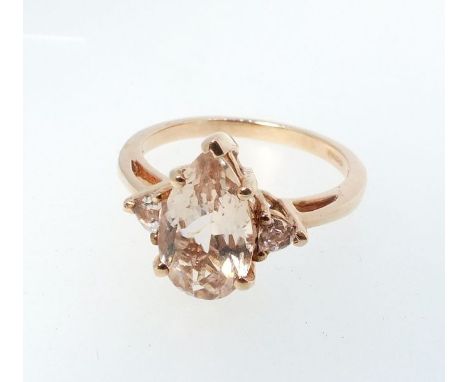 A 9ct rose gold pear form morganite ring, size O, 3.1g 