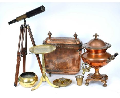 An interesting mixed collection of antique copper and brass wares to include a large copper cistern with cover, a large coppe