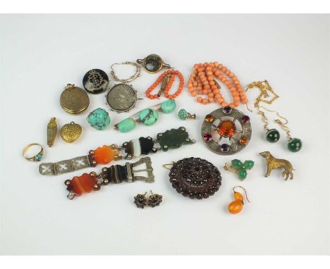 A large collection of jewellery and costume jewellery, to include; a Bohemian garnet cluster brooch, a Scottish hardstone pan