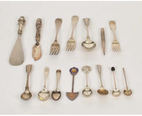 A collection of miscellaneous silver flatware, comprising; seven matched shell bowl teaspoons, four apostle terminal teaspoon