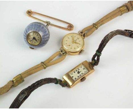 A lady's Tudor Royal wristwatch, with cord strap, together with a purple guilloche enamel fob watch brooch and Art Deco yello