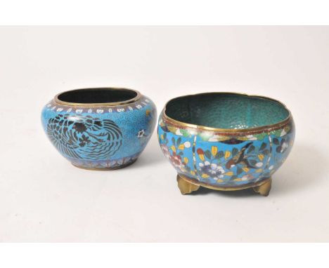 A Chinese cloisonné enamel bowl, of tapering oval form, decorated with fenguang and symmetrical foliate motifs set within sky