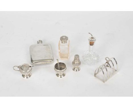 An Edwardian three piece silver cruet set, Faraday &amp; Davey, London 1908, comprising; mustard with spoon, salt with spoon 