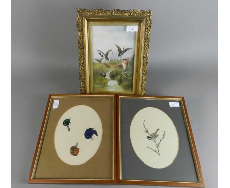 British School, early 20th century, Fox chasing ducks, oil on ceramic base, 24 x 15cm , together with two sporting tapestries