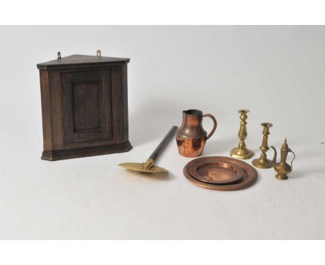A mixed collection of antique metalwares including a lead tobacco jar, a pair of painted spelter posy vases modelled as lions