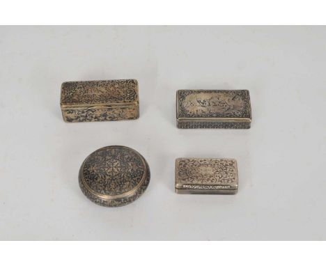 Three niello silver snuff boxes, one with hunting scene to the hinged cover, together with a niello silver tobacco box (4)