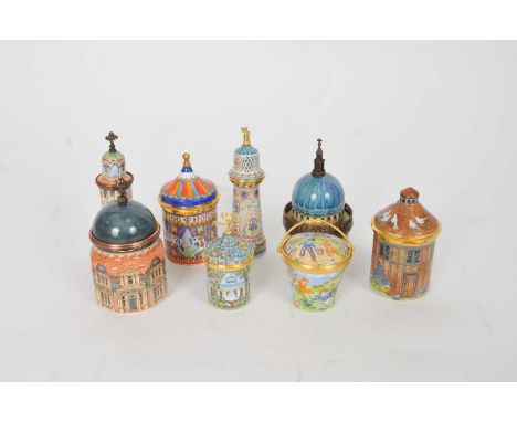A group of Staffordshire enamel novelty boxes (20th/21st century) including a lighthouse, carousel, milk pail and others (8)