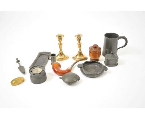 A William IV pewter mug, 15cm, a 19th century pewter inkwell, 9.5cm diameter, a pewter box, 9cm wide, a small French demi-dec