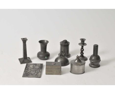 An interesting collection of antique and later pewter to include an Ashberry vase with inset Ruskin type ceramic cabochons, 1