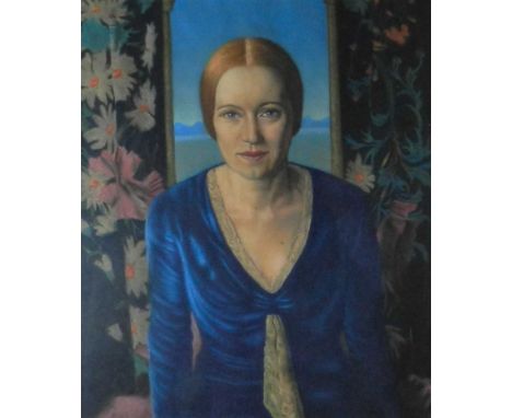 William Francis Vere Kebbell (1888-1963), Portrait of Joanna Denise Vere Kebbell, half length wearing a blue velvet dress sea