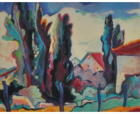 Gerry Baptist (British-Indian b.1935), Signed Print of a Landscape with Trees, signed bottom right, numbered 43/300, mounted 