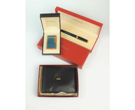 A cased and boxed gilt metal and enamel Dupont lighter, together with two boxed and cased Dupont pens and a Dupont wallet wit
