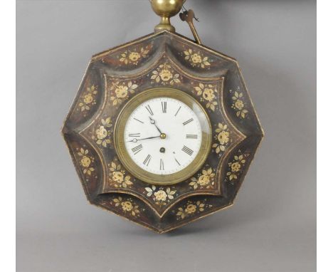 A 19th century French toleware wall clock, the white enamel dial with black Roman numerals, set within a stepped octagonal ca