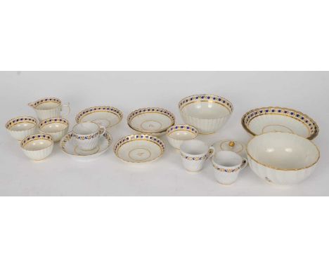 A Caughley fluted polychrome tea and coffee service, circa 1790, decorated in with a repeated border of blue and pink dots, c
