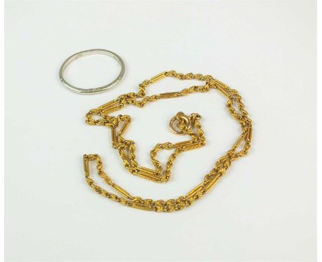 A white metal wedding band, stamped 'plat', weight approx 2.3g, together with a yellow metal rope twist chain, with '15ct' pl