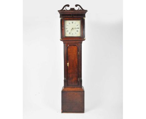 A 19th century oak cased longcase clock, the 12" dial painted with Roman and Arabic numerals, with gilded spandrels, marked '