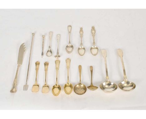 A pair of Victorian silver sauce ladles, Chawner &amp; Co, London, together with three Scottish silver mustard spoons and two