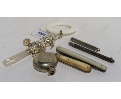 A lot comprising a silver &amp; mother of pearl jester baby rattle, Birmingham 1984, Two mother of pearl pocket knives, a too