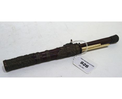 A Far Eastern knife &amp; chopstick set in metal bound bamboo case Condition Report: Available upon request