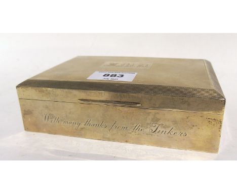 A silver cigarette box with engine turned decoration Birmingham 1962 the hinged cover initialled " JMD " and inscribed " with