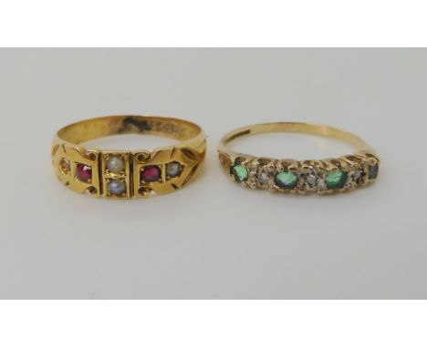 A 15ct gold ruby and pearl set ring hallmarked Birmingham 1886 (one pearl missing) size O1/2, weight 2.5gms, and a 9ct gold e